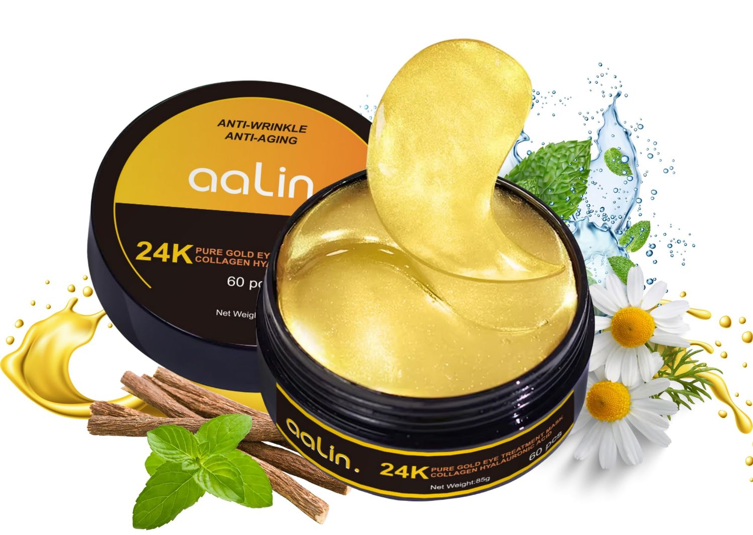 aalin Get Amazing Results 24K Gold Under Eye Hydrogel Patches60Pcs With Licorice Extract, Hyaluronic Acid, Collagen Glycerin Specialized for Puffy Eyes, Dark Circles and Wrinkles