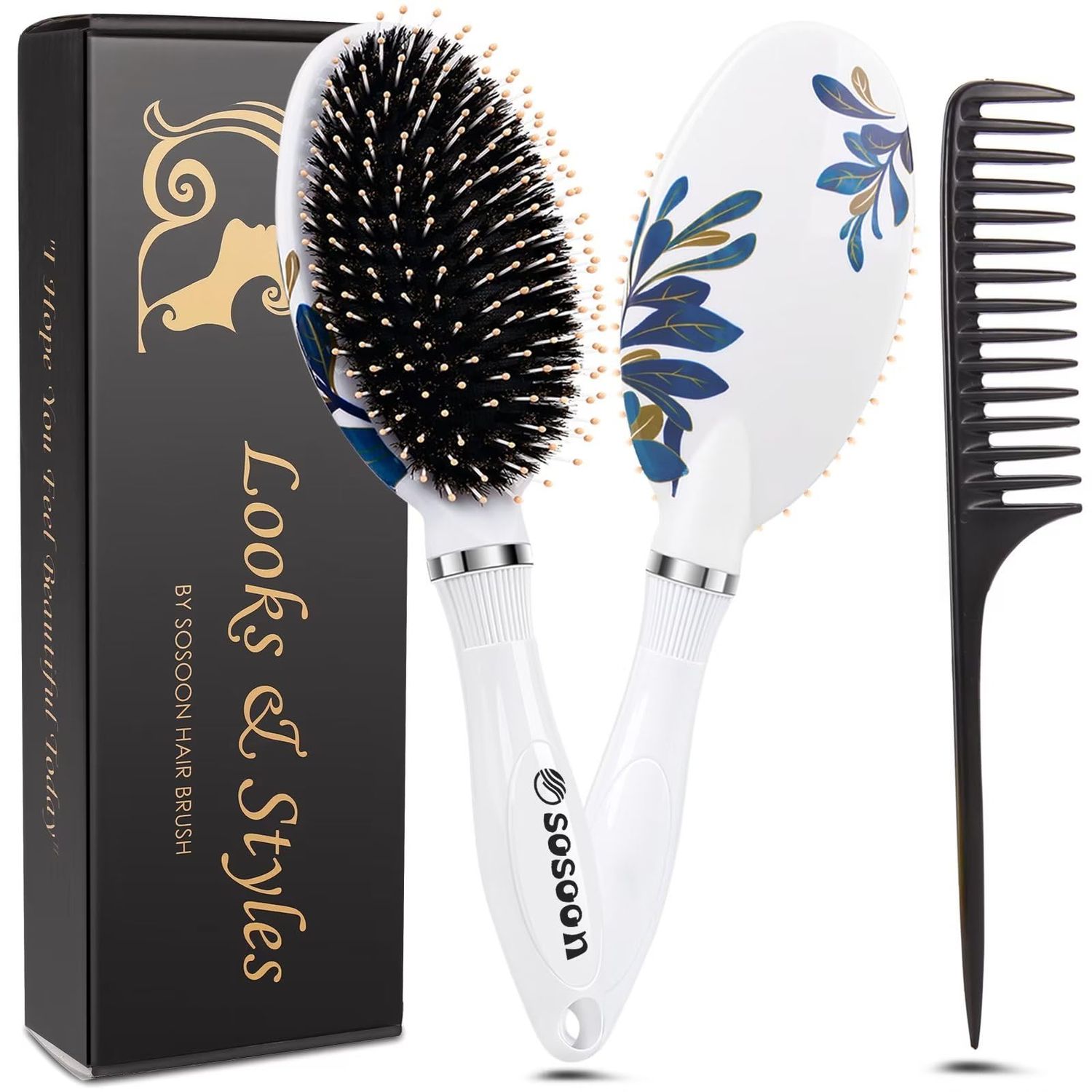 Hair Brush, Boar Bristle Hair Brushes for Women Kids Thick Curly Wet Dry Hair, Smoothing Detangling Hairbrush Adds Shine and Improves Hair Texture, Hair Comb and Giftbox Included3