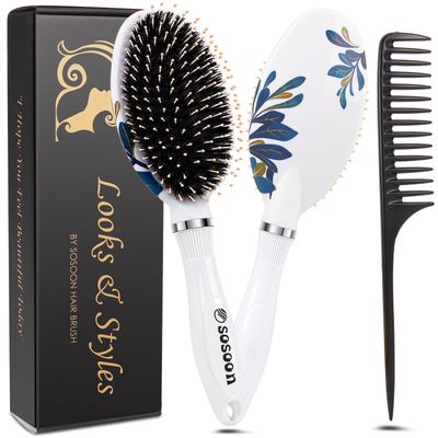 Hair Brush, Boar Bristle Hair Brushes for Women Kids Thick Curly Wet Dry Hair, Smoothing Detangling Hairbrush Adds Shine and Improves Hair Texture, Hair Comb and Giftbox Included3