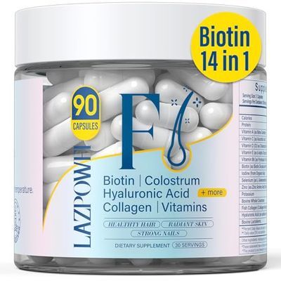 Lazpowfi Hair Skin and Nails Vitamins, Biotin with Bovine Colostrum, Collagen, Hyaluronic Acid, Bovine Lactoferrin Vitamin A, B6, C, D, E, Supports Hair Nails Growth for Men and Women(90 Capsule)