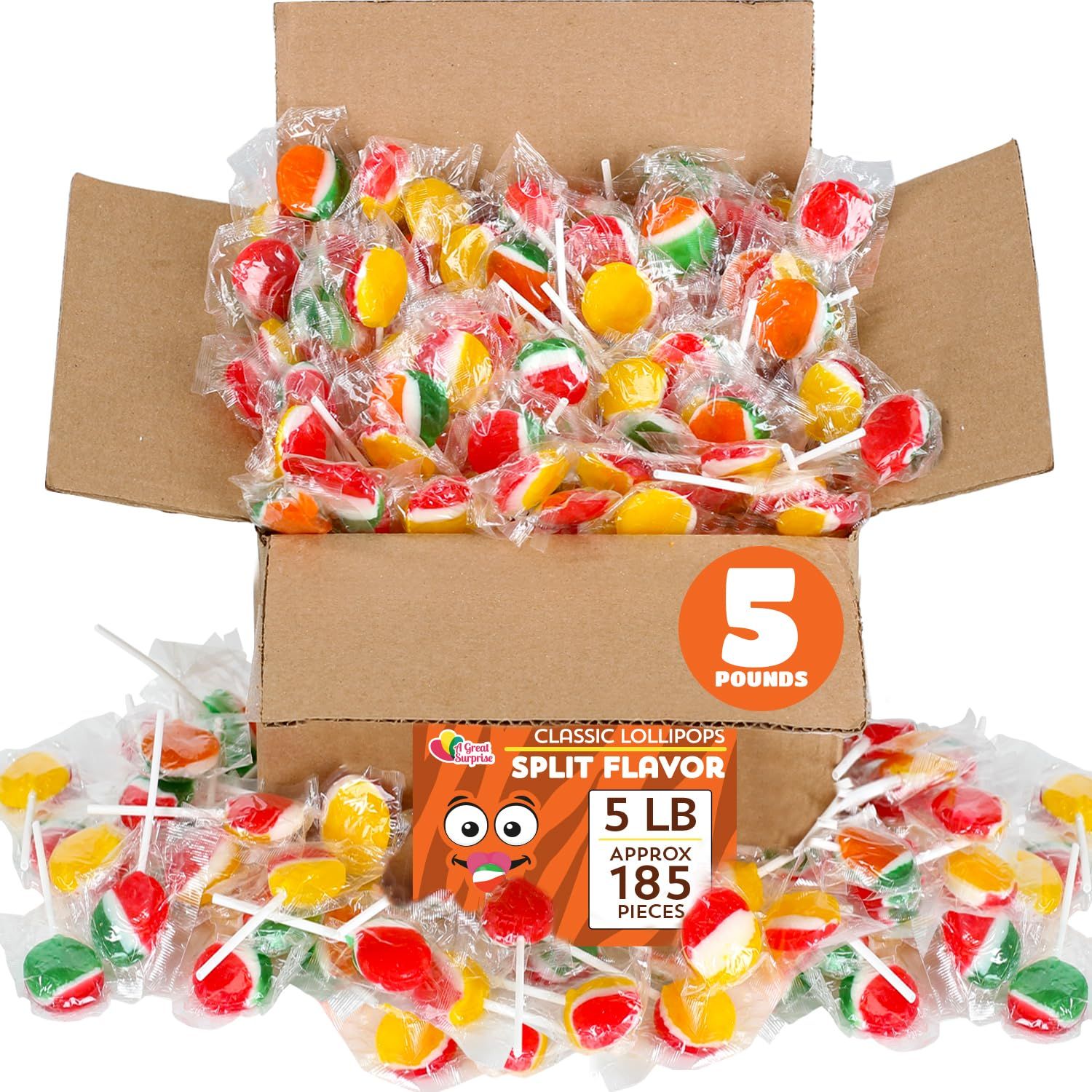 Bulk Lollipops - 5 Pounds - Assorted Fruit Flavored - Flat Round Candy Pops Individually Wrapped