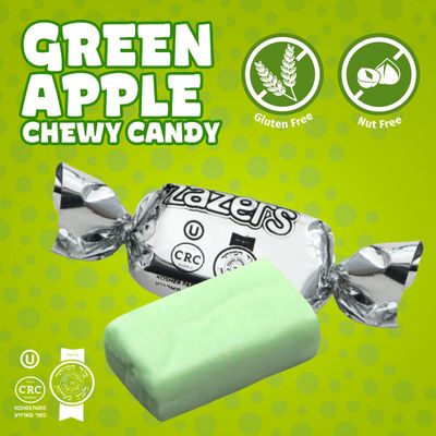 Zazers Silver Chewy Foil Candy - 1 Pound - Green Apple Flavor - Individually Wrapped, Perfect for Color Themed Party Decor, Great for Office, Reception, Buffet, Kosher, Gluten-Free, Nut-Free