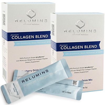 Relumins Marine Collagen Powder Drink Mix - Collagen Peptide with Glutathione, Green Tea, CoQ10, Hyaluronic Acid Boosts Smooth Glowing Skin - 20 Powder Sachets x Blueberry Flavored 2 Free Sachets