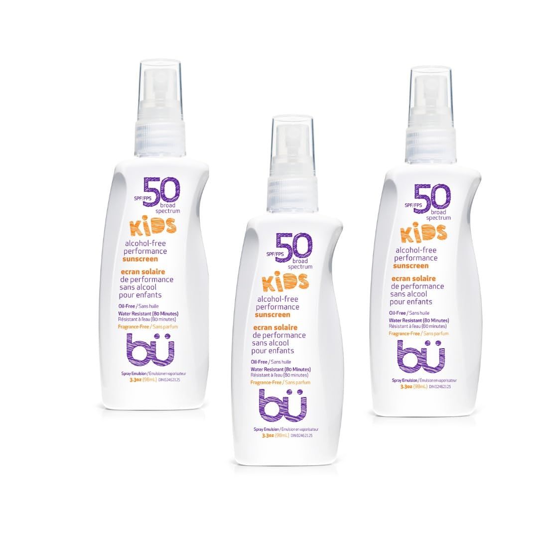 BU SPF 50 Fragrance Free Kids Sunscreen Spray for Face and Body, TSA Travel Size Sunscreen, Clear Non Aeorsol Spray, Non Greasy, Water Resistant and Oil Free, 3.3 oz 3-pack