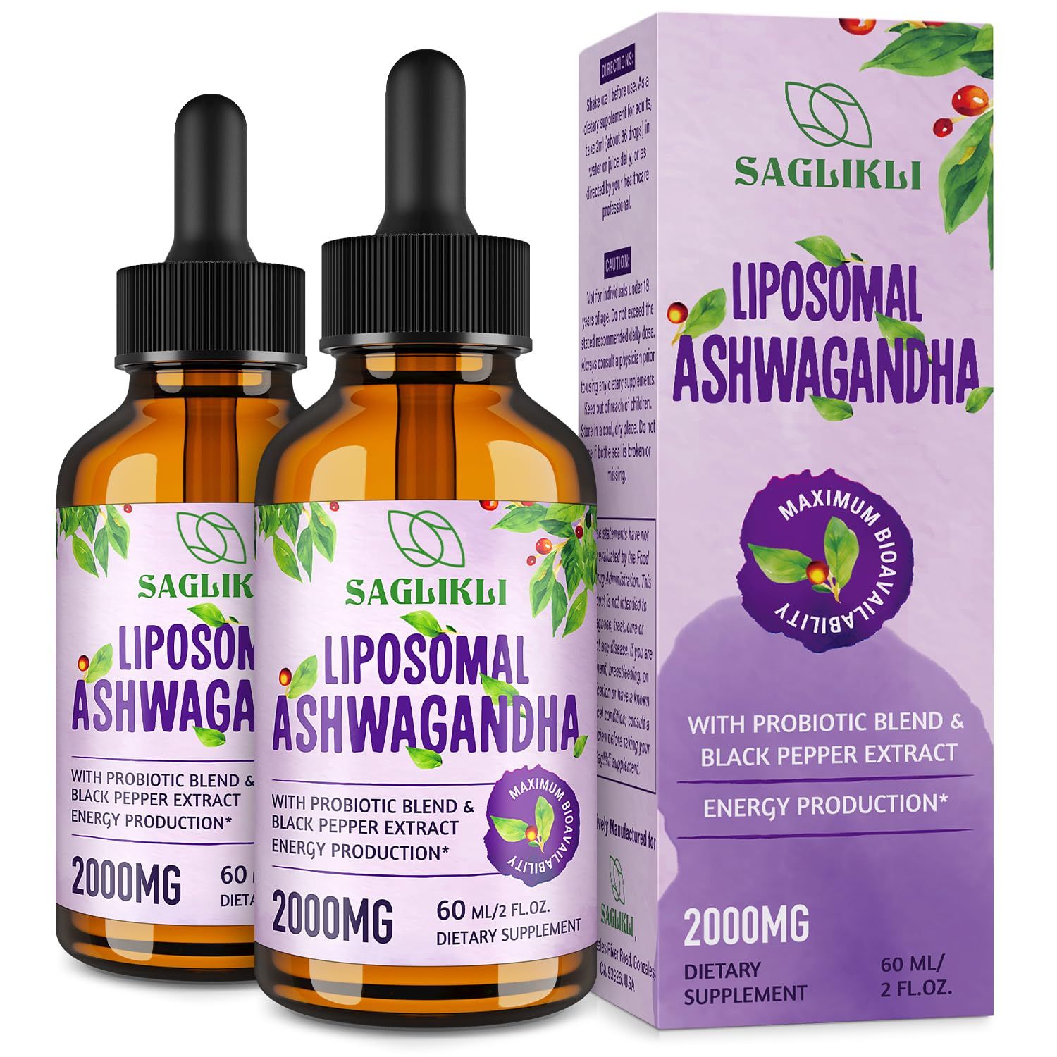 Saglikli Liposomal Ashwagandha Liquid Drops 2000mg, Ashwagandha Root Extract Supplement 7 Withanolides with Black Pepper Extract &amp; Probiotics for Focus, Cognition &amp; Energy - 4 FL.OZ 2 Bottle