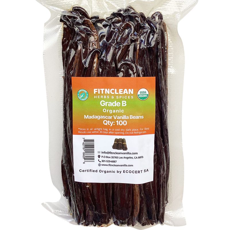 100 Organic Vanilla Beans Madagascar Grade B for extract, Cooking and Baking. Certified USDA Organic. 5-7 by FITNCLEAN VANILLA Whole NON-GMO Bourbon Pods