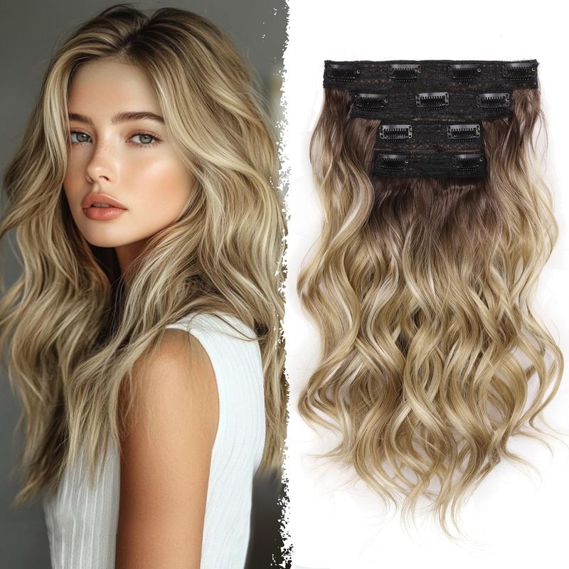 Blonde Clip in Hair Extensions - 14 Inch Wavy Synthetic Hair Extensions Clip ins Color: Dark Blonde with Bleach Blonde Highlights