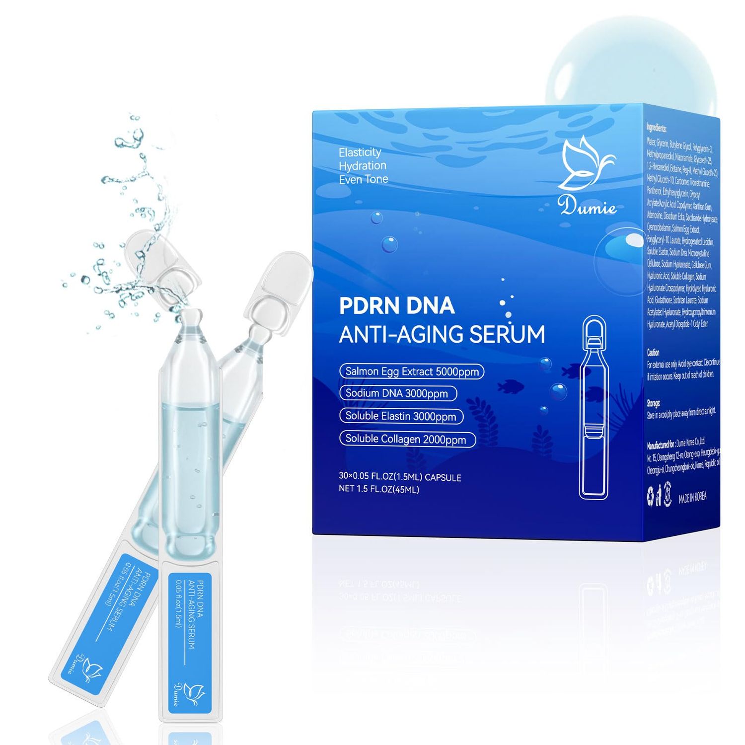 Salmon DNA PDRN Anti-Aging Serum, 5000ppm Salmon Egg DNA Ampoule, 2000ppm Collagen, Glutathione, Niacinamide &amp; 6 Hyaluronic Acids, Korean Skincare for Wrinkles &amp; Radiance,0.05 fl.oz x 30e