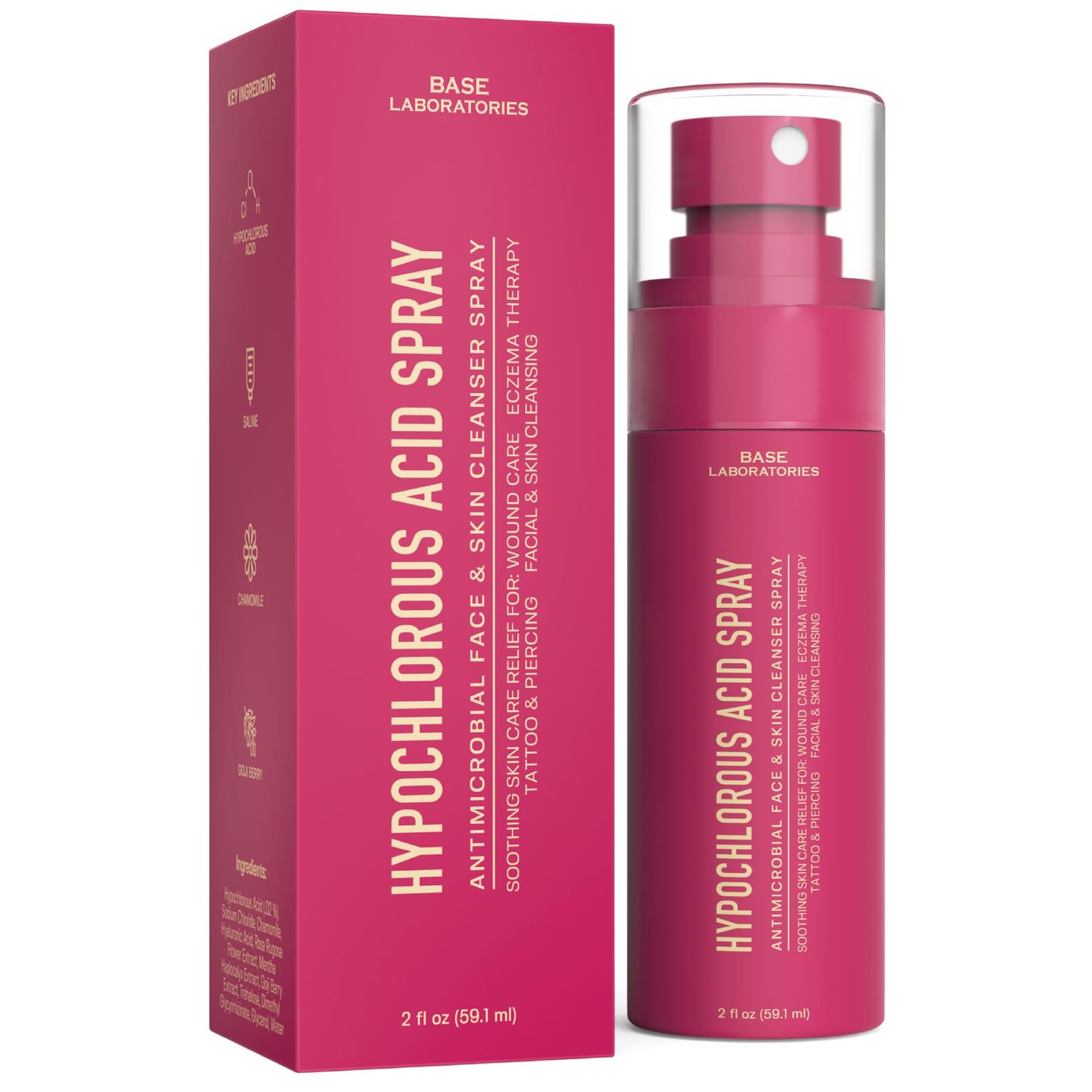 BASE LABORATORIES Hypochlorous Acid Spray for Face &amp; Skin - Travel Size - Magic Facial Toner Spray &amp; Cleaner - Skin Repair Solution helps reduce redness, Irritations, acne - HOCL Molecule Spray 2oz