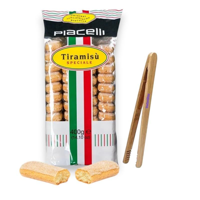 PIACELLI Ladyfingers Tiramisu Speciale - Authentic Italian Sponge Lady Fingers for Tiramisu - Traditionally Baked Ladyfinger Cookies - 400g14.11oz wBamboo Kitchen Tong