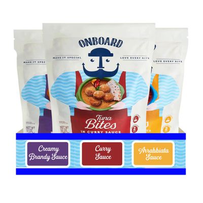 ONBOARD Yellowfin Assorted Tuna Bites 3 Pack Curry Sauce, Arrabbiata Sauce, Creamy Brandy Sauce - Tomato Sauce, Spicy, Italian-Inspired Culinary Adventure - Certified Dolphin Safe - Pasta Sauce, Ri...