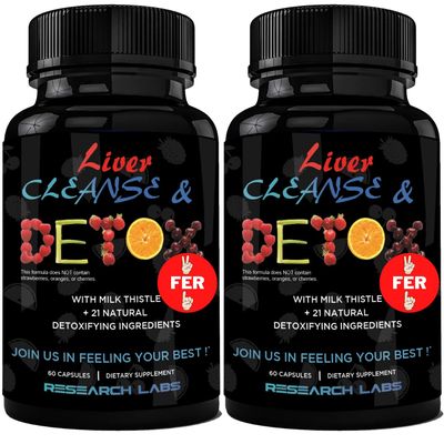 Research Labs 2 Pack Doctor Recommended Premium Liver Detox Cleanse &amp; Support wMilk Thistle, Beet Root, Dandelion. 23 Powerful Herbs for Powerful Detoxification