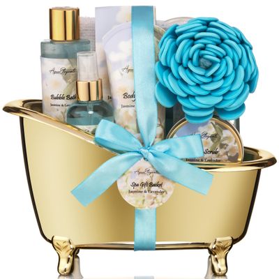Spa Gift Baskets For Women - Luxury Bath Set With Jasmine &amp; Lavender - Spa Kit Includes Body Wash, Bubble Bath, Lotion, Bath Salts, Body Scrub, Body Spray, Shower Puff, and Towel