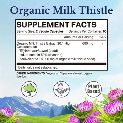 Vitalitown Organic Milk Thistle Antioxidant Support, Detox &amp; Cleansing, 120 Vegan Caps