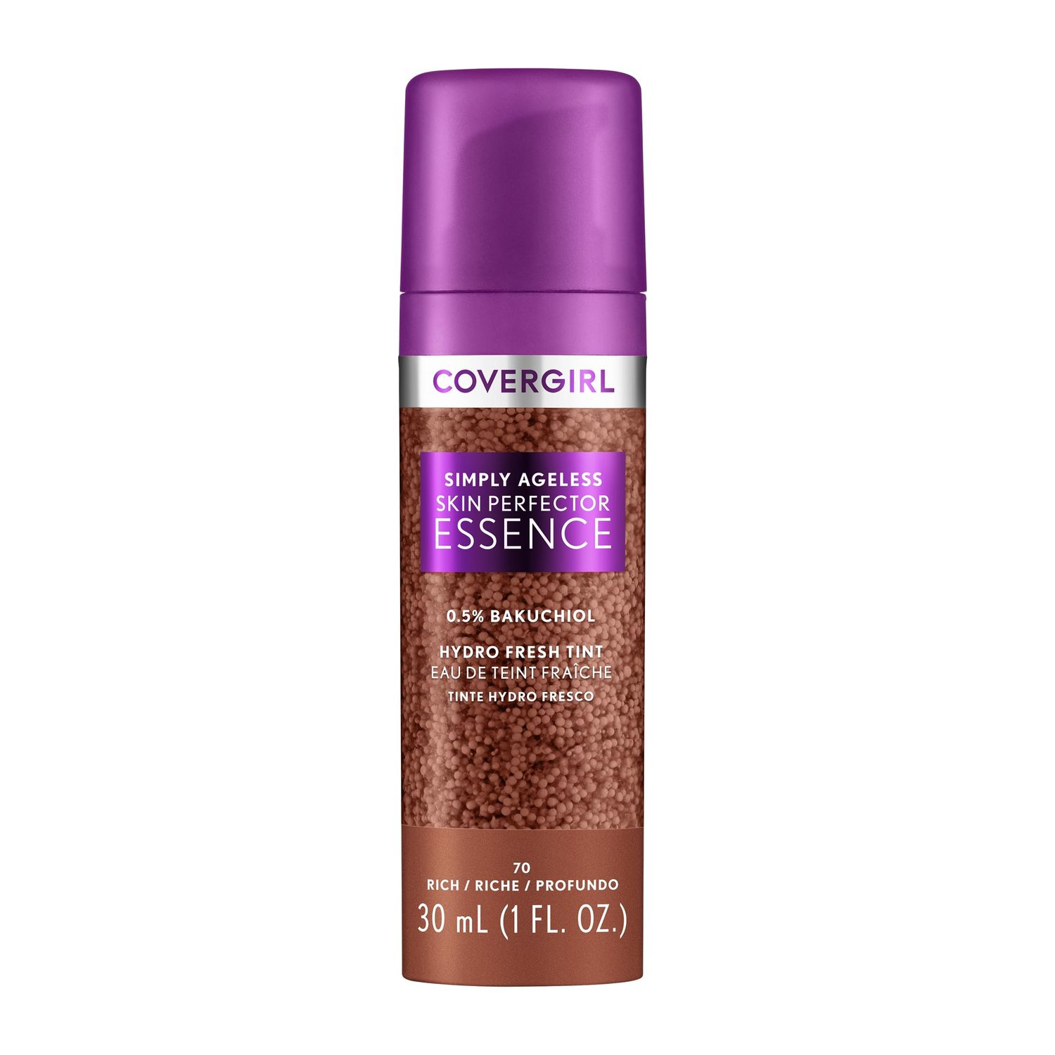 Covergirl Simply Ageless Skin Perfector Essence Foundation, 70 Rich, Tinted Skincare Makeup Hybrid, Sheer Tint, Radiant Finish, Glowy Finish, Vegan Formula, 1.0oz