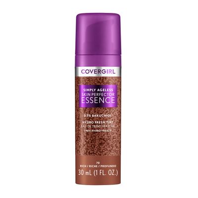 Covergirl Simply Ageless Skin Perfector Essence Foundation, 70 Rich, Tinted Skincare Makeup Hybrid, Sheer Tint, Radiant Finish, Glowy Finish, Vegan Formula, 1.0oz