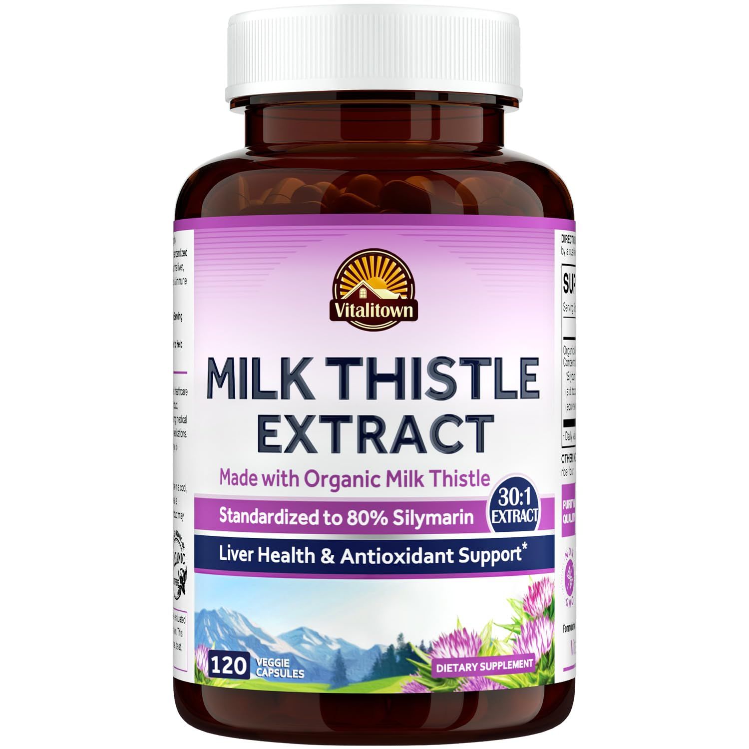 Vitalitown Organic Milk Thistle Antioxidant Support, Detox &amp; Cleansing, 120 Vegan Caps