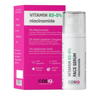Cos-IQ Niacinamide Vitamin B3-5 Face Serum Ultra Sensitive Skin 2 Multi-Peptides &amp; 1 HA Hydrates, Repairs, Regenerates Skin Cells Clears &amp; Improves Texture 30ml