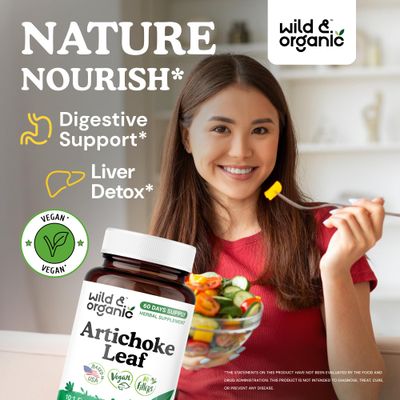 Wild &amp; Organic Artichoke Extract Capsules 500 mg - Liver &amp; Digestive Support - Artichoke Leaf Extract Supplement - Cynara Scolymus Leaf Powder - Vegan, No Fillers, Non-GMO - 60 Count