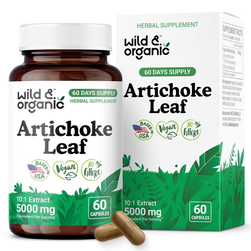 Wild &amp; Organic Artichoke Extract Capsules 500 mg - Liver &amp; Digestive Support - Artichoke Leaf Extract Supplement - Cynara Scolymus Leaf Powder - Vegan, No Fillers, Non-GMO - 60 Count