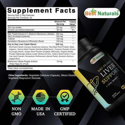 Best Naturals Day to Day Liver Support - 90 Veg Capsules - Made in The USA - Non-GMO &amp; Gluten Free
