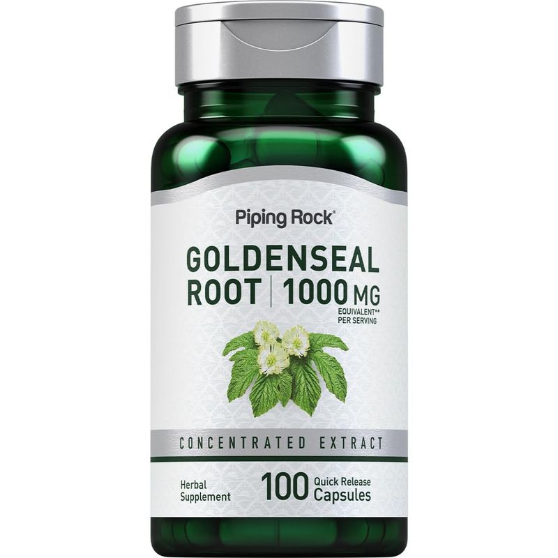 Piping Rock Goldenseal Root Capsules 1000mg 100 Count Herbal Supplement Concentrated Extract Non-GMO, Gluten Free