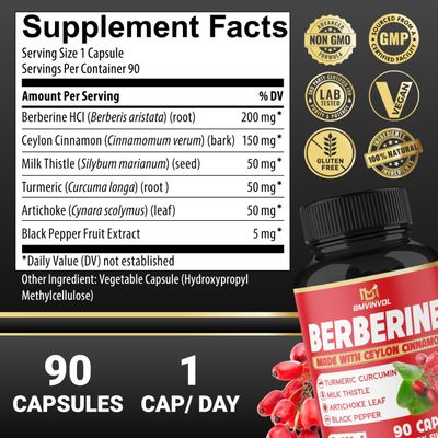 Berberine, Ceylon Cinnamon, Turmeric, Milk Thistle, Artichoke, Black Pepper - 90 Capsules for Digestion, Immunity 3-Month Supply