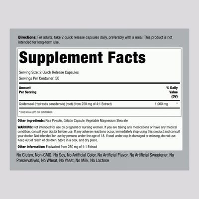 Piping Rock Goldenseal Root Capsules 1000mg 100 Count Herbal Supplement Concentrated Extract Non-GMO, Gluten Free