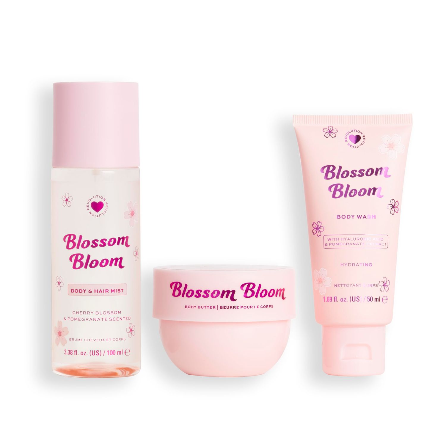 I Heart Revolution, Blossom Bloom Bath &amp; Body Gift Set, Body Wash, Cream, Hair &amp; Skin Mist, Travel Size Shower Kit, Cruelty-Free &amp; Vegan, 3 Product Set