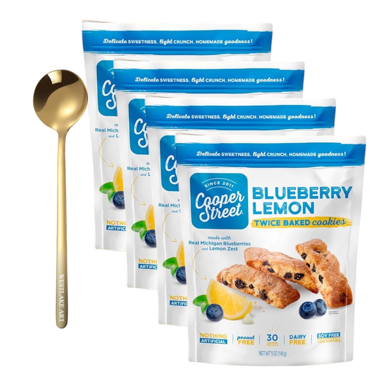 Westlake art Blueberry Lemon Cookies, Blueberry Lemon - All Natural Cookies, Peanut &amp; Dairy Free, Twice Baked Cookies, Bundle wWestlake Art Golden Stainless Steel Spoon, Kosher Cookies Pack of 4