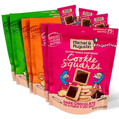 Michel et Augustin Cookies, Individually Wrapped Snacks, 6 Bag Variety Pack, Gourmet Chocolate Shortbread, 15 French Butter Cookies per bag