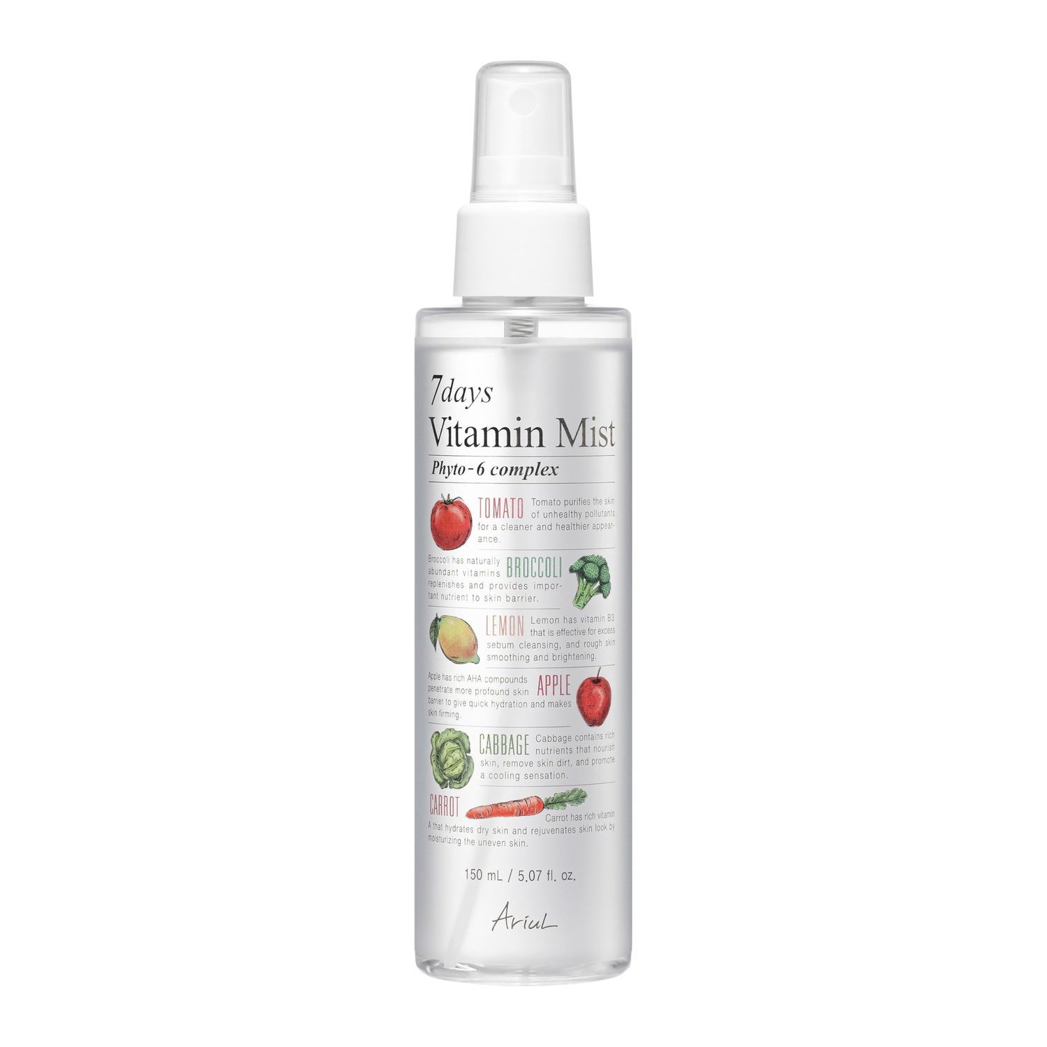 Ariul 7 Days Vitamin Mist 5.07 fl. oz. All Natural Green Graded Nutrients Facial Toner Moisturizing Spray - Biotin, Niacinamide, Riboflavin, Ascorbic Acid, Butylene Glycol, Cyanocobalamin
