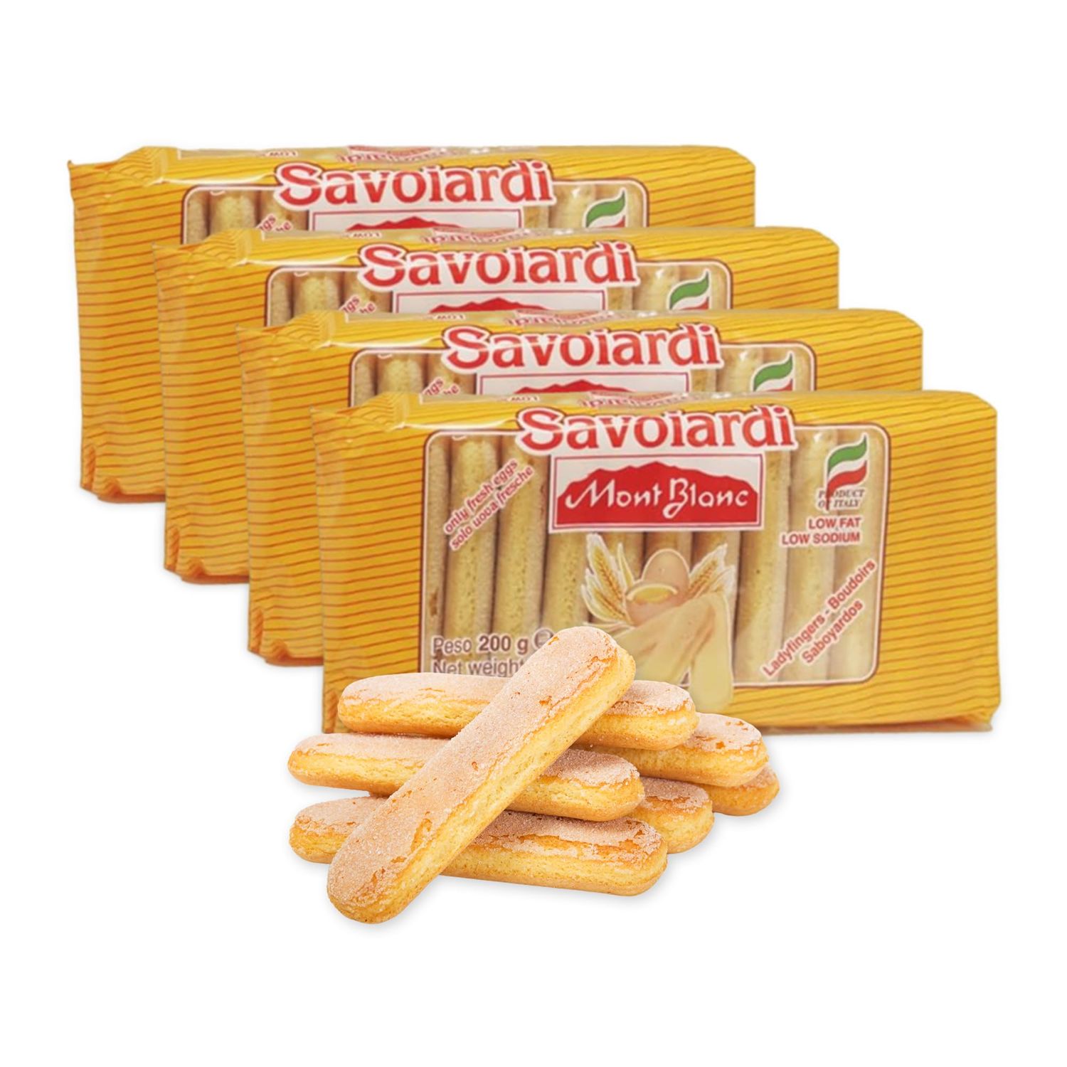 Savioardi, Mont Blanc Lady Fingers for Tiramisu, Old World Champagne Finger Biscuits, All-natural, Classic Italian Sponge Fingers Cookies for Tiramisu Cake, Low Fat, 7 Oz Pack of 4