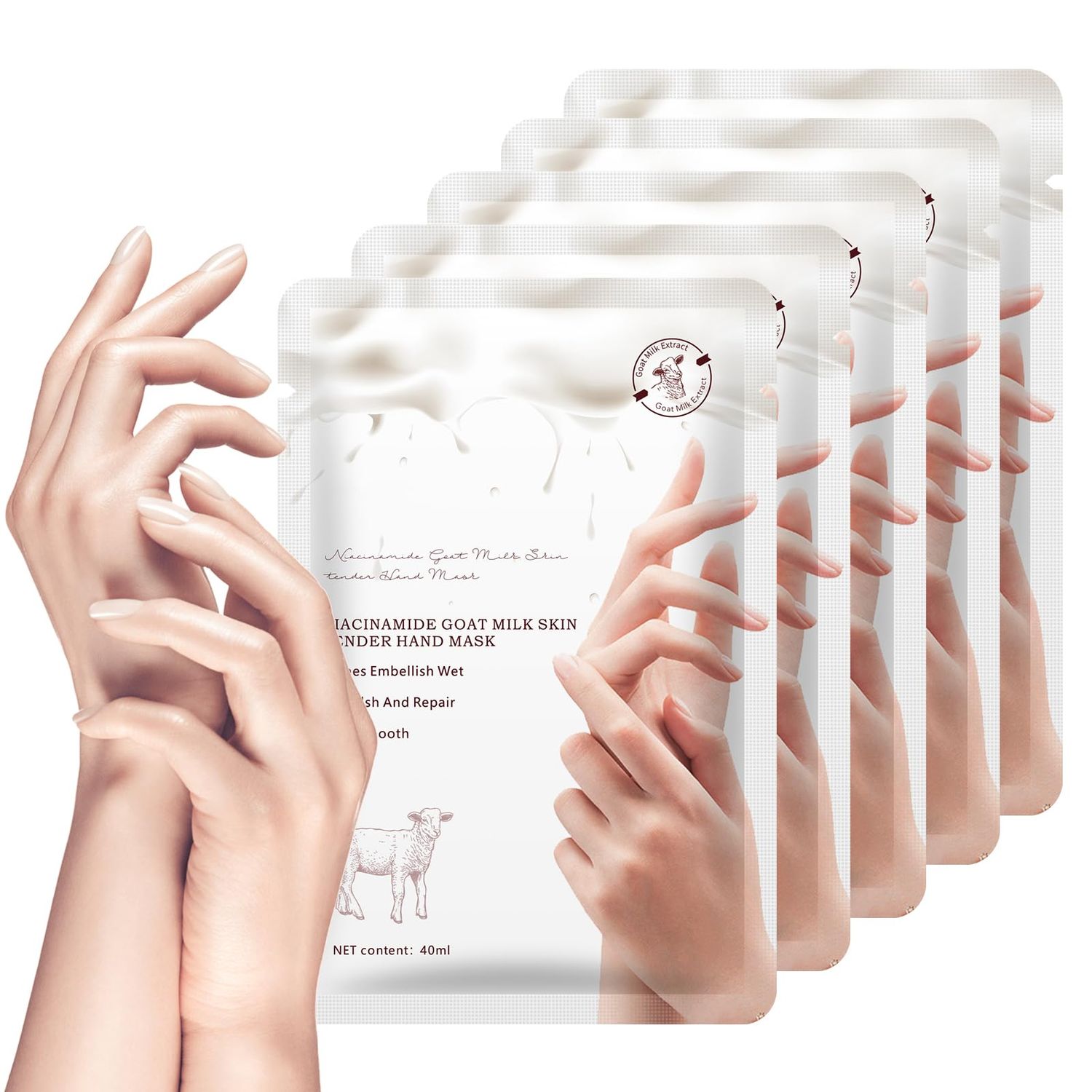 BYOTOUTY Moisturizing Hand Mask Glove with Niacinamide and Goat Milk 5 pack, Hydrating Hand Masks for Dry Cracked Hands, Hand Mask Gloves for Soft and Smooth Touch Hands, Remove Dead Skin, Rough Skin