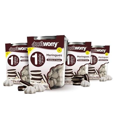 Don&#39;t Worry Low Calorie Meringue Cookies - 4 Pack - Cookies &amp; Cream, Just 1 Calorie per Piece Low Sugar Candy, Gluten Free, Protein Snacks Keto Friendly and Healthy Snacks for Adults