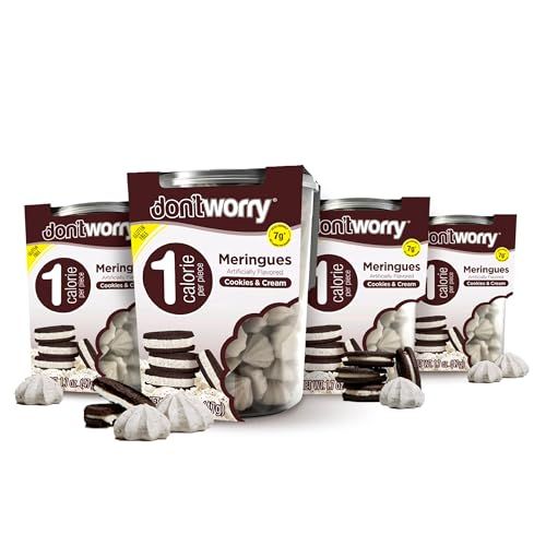 Don't Worry Low Calorie Meringue Cookies - 4 Pack - Cookies &amp; Cream, Just 1 Calorie per Piece Low Sugar Candy, Gluten Free, Protein Snacks Keto Friendly and Healthy Snacks for Adults