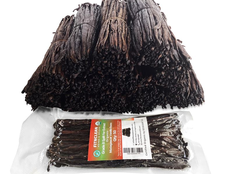 50 Split Organic Madagascar Vanilla Beans Grade B 5-7 For Extract by FITNCLEAN VANILLA Bourbon NON-GMO Pods for Paste