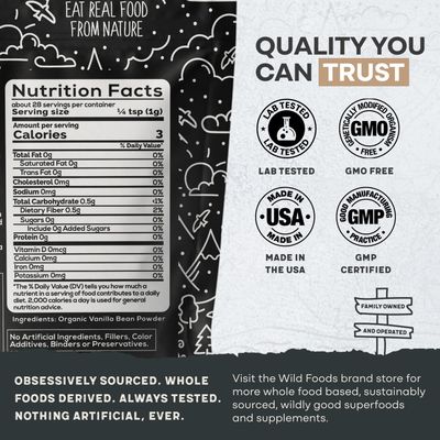 Wild Foods Organic Vanilla Bean Powder - All Natural Pure Vanilla from Madagascar - For Baking Cooking Coffee Flavoring & Smoothies - Unsweetened Gluten Free Non GMO Superfood 1 ounce