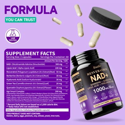 NAD Supplement, Liposomal NAD Resveratrol Supplement Contains Berberine , Alpha Lipoic Acid ,Hyaluronic Acid &amp; Quercetin - Support Anti-Aging, Longevity, Cellular Energy, NMN Alternative -120 Capsules