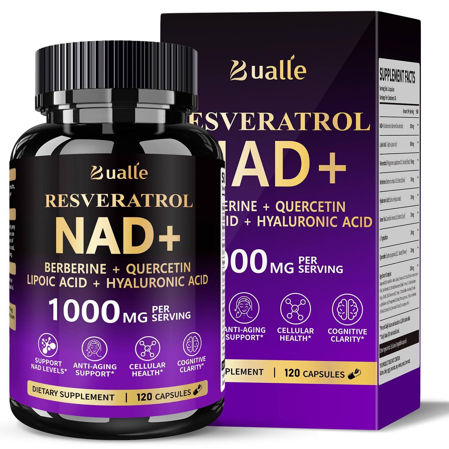 NAD Supplement, Liposomal NAD Resveratrol Supplement Contains Berberine , Alpha Lipoic Acid ,Hyaluronic Acid &amp; Quercetin - Support Anti-Aging, Longevity, Cellular Energy, NMN Alternative -120 Capsules