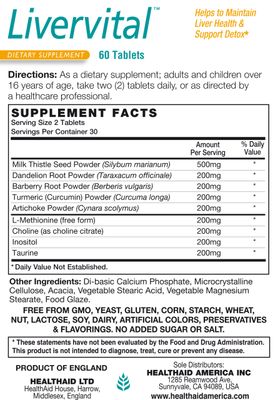 HealthAid LiverVital, Liver Health and Support, 60ct, Reduces Build up of Toxins in The Liver, Helps Maintain Liver Health and Support Detox, Original Herbal Formula, Vegetarian