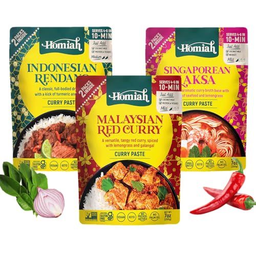 Homiah Curry Paste Sampler Value 3 Pack x 7 Oz Gluten Free Non-GMO Malaysian Curry Paste - Vegan Red Curry Laksa Rendang Paste Thai Essentials for Kitchen - Premium Thai Curry Paste for Asian Dishes