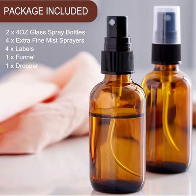 LANBEAUTIFY 4 oz Amber Glass Spray Bottles - Small Empty Fine Mist Spray Bottle for Essential Oil,Face - Mini Dark Spray Bottles with,Included 4 Sprinkler, 1Funnels,1 Droppers, 4 Labels