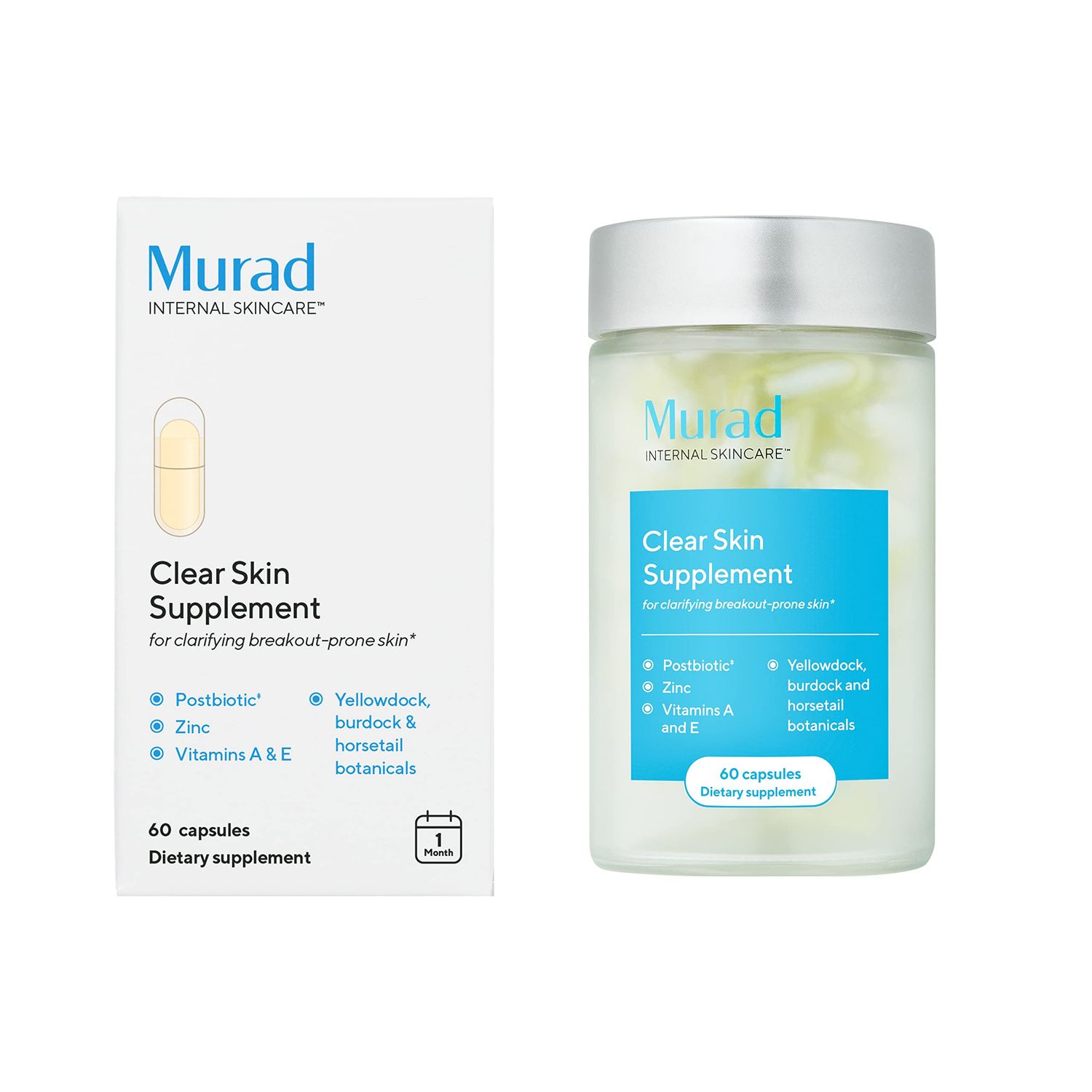 Murad Clear Skin Supplement for Acne-Prone Skin - Biotin, Zinc &amp; Vitamin A Beauty Supplement - Minimize Breakouts, Reduce Inflammation &amp; Control Sebum at the Cellular Level, 60 Caps - 30 Day Supply