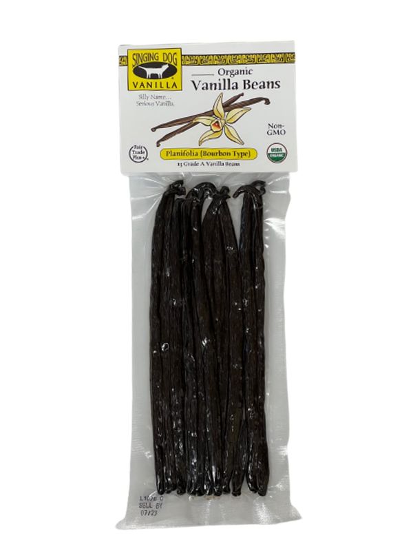 Singing Dog Vanilla Non-GMO USDA Organic Grade A Planifolia Vanilla Beans - Handpicked in Indonesia - Indulgent, Gourmet, Aromatic, Flavorful 13 count