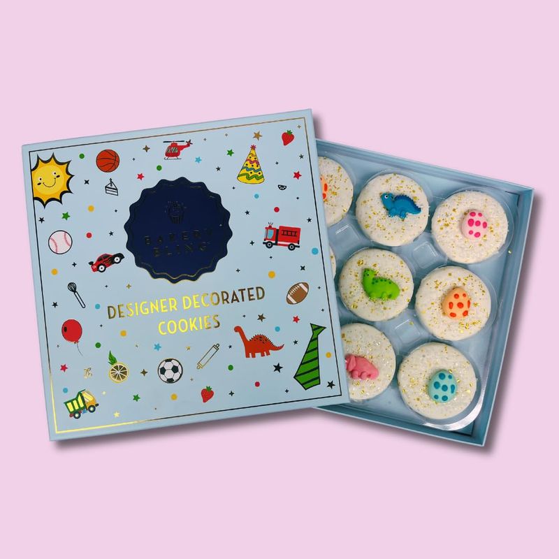 Bakery Bling Dinosaur Designer Decorated Cookies 9 Count, Nut &amp; Dairy Free, Kosher Pre-Baked Vanilla Sugar Cookies with Edible Glitter &amp; Dinosaur Themed Royal Icing Decorations Giftable &amp; Ready to...