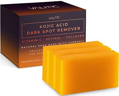 VALITIC Kojic Acid Dark Spot Remover Soap Bars with Vitamin C, Retinol, Collagen, Turmeric - Original Japanese Complex Infused with Hyaluronic Acid, Vitamin E, Shea Butter, Castile Olive Oil 3 Pack