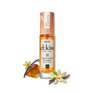 EL:KISS Hair Perfume &amp; Body Mist, Eau de Toilette 30mL 1.01 Fl Oz, Hydrating &amp; Long-Lasting, Alcohol-Free With Jojoba, Argan Oil &amp; Aloe Vera Warm Vanilla &amp; Amber