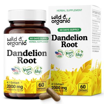 Wild &amp; Organic Dandelion Root Capsules - Liver Support Supplement - 2000 mg of Fresh Dandelion Root Powder per Capsule - 60 Vegan Capsules - 2 Month Supply - No Fillers, Non-GMO