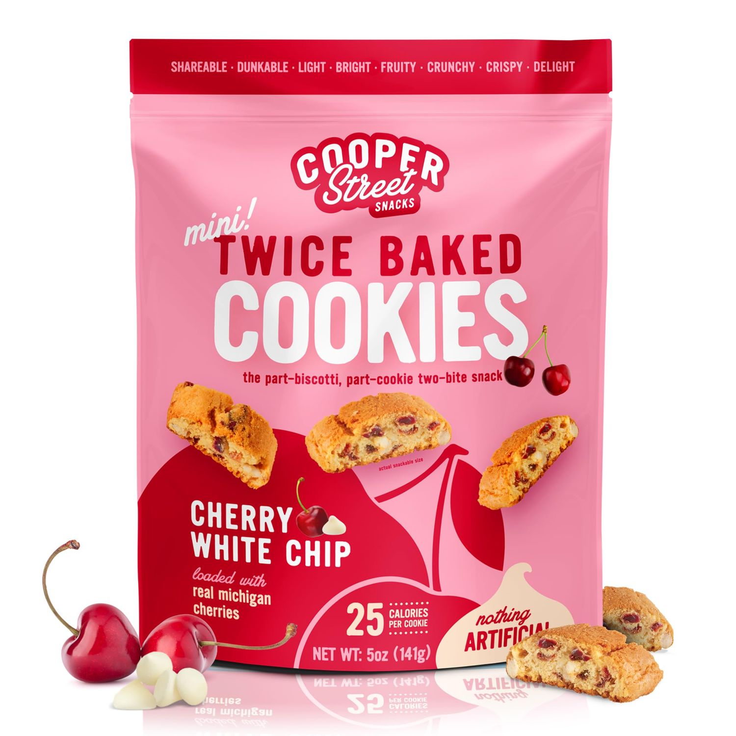Cooper Street Twice Baked Cherry White Chip Biscotti Cookies - Light and Crispy Coffee Cookie Bites - Traditional Low Calorie Italian Snacks for Adults &amp; Kids - Kosher, Dairy, Peanut &amp; Soy Free - 5oz